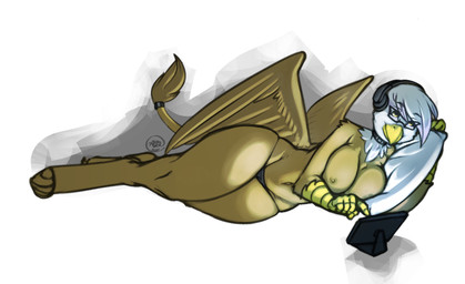 anthro anthrofied beak big_breasts breasts brown_body brown_feathers camel_toe clothed clothing collar electronics eyewear feathered_wings feathers female glasses glowing hair headphones lying navel nipples non-mammal_breasts on_side panties pillow purple_body purple_eyes purple_feathers smile solo tablet tablet_computer tail topless underwear white_body white_feathers wide_hipped_anthro wide_hipped_female wide_hips wings avante92 friendship_is_magic hasbro my_little_pony mythology gilda_(mlp) avian gryphon mythological_avian mythological_creature 2014 hi_res