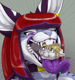 almost_fully_inside anthro anthro_pred anthro_prey bangs blonde_hair blunt_bangs bob_cut body_in_mouth buckteeth clenched_teeth collar duo ear_piercing fangs female female/female female_pred female_prey forced hair head_in_mouth highlights_(coloring) markings oral_vore partially_inside piercing purple_eyes purple_highlights red_hair sharp_teeth size_difference spots spotted_body straight_bangs struggling swallowing teeth unwilling_prey vore kencougr mythology nikkii domestic_cat dragon felid feline felis hybrid lagomorph leporid mammal mythological_creature mythological_scalie pantherine rabbit scalie snow_leopard 2023 digital_media_(artwork) hi_res signature