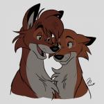 black_nose canon_couple duo eyelashes female fur grey_background heart_symbol male open_mouth orange_body orange_fur simple_background smile teeth tongue white_body white_fur meertak disney the_fox_and_the_hound tod_(tfath) vixey_(tfath) canid canine fox mammal red_fox true_fox 1:1 2019