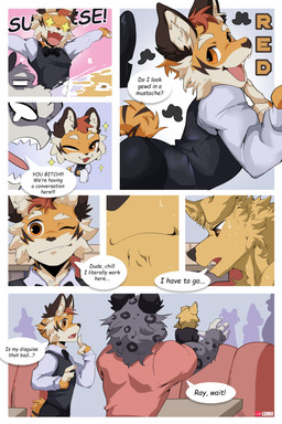 anthro bodily_fluids dialogue freckled_face freckles fur group male markings one_eye_closed profanity restaurant spots spotted_body spotted_fur sweat text trio lumii i_think_i_like_you dev_(i_think_i_like_you) ray_(i_think_i_like_you) red_(i_think_i_like_you) bird_dog canid canine canis domestic_dog felid golden_retriever hunting_dog mammal pantherine retriever snow_leopard tiger absurd_res comic english_text hi_res