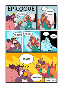 accessory annoyed anthro balls big_balls big_butt big_muscles big_pecs big_penis black_body black_fur black_hair brown_body brown_fur butt cellphone clothed clothed_anthro clothed_male clothing dialogue duo electronics epilogue fangs fully_clothed fully_clothed_anthro fully_clothed_male fur genitals gloves_(marking) green_clothing green_overalls hair hair_accessory hairband holding_cellphone holding_object holding_phone holding_smartphone hole_in_wall leaf looking_at_object looking_at_phone male markings morbidly_obese morbidly_obese_anthro morbidly_obese_male muscular obese obese_anthro obese_male orange_hairband overalls overweight overweight_anthro overweight_male pecs penis phone phone_screen ponytail red_body red_clothing red_fur red_shirt red_topwear repair repairing repairman shirt smartphone smile smirk speech_bubble striped_body striped_fur stripes teeth text text_box tied_hair topwear underbite undershirt yellow_nose yellow_sclera ruffythelion grindr nintendo pokemon cookie_(ruffythelion) sriracha_(ruffythelion) canid canine elemental_creature felid generation_7_pokemon incineroar mammal pantherine pokemon_(species) raccoon_dog tanuki tiger 2026 comic end_page english_text hi_res multiple_scenes