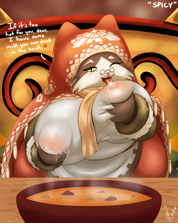 anthro apron areola big_breasts bodily_fluids breasts brown_body brown_fur cheek_tuft clothed clothing dialogue elderly elderly_female eyelashes eyewear facial_tuft female front_view fur glasses huge_breasts lactating lactating_through_clothing licking_own_nipple long_eyelashes looking_at_viewer mature_female milk nipple_outline open_mouth overweight overweight_female pink_nose pupils red_clothing round_glasses slit_pupils small_glasses solo talking_to_viewer tan_body tan_fur tear_trough text tongue tongue_out tuft wet wet_clothing white_apron white_clothing wide_hips yellow_eyes supermoonshroom capcom monster_hunter grammeowster_chef felid felyne lynian mammal palico hi_res