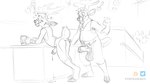 16:9 age_difference anthro arthur_(furfragged) beverage bodily_fluids bottomless bottomless_male bubble clothed clothing deer drunk drunk_bubble duo eyewear furfragged genital_fluids genitals glasses heart_symbol hi_res male male/male mammal monochrome musclegut muscular penis precum presenting public public_nudity raised_tail sino_(furfragged) sketch slim substance_intoxication tail widescreen
