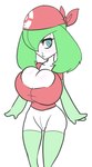 anthro bedroom_eyes big_breasts blue_eyes breasts cleavage clothed clothing female green_hair hair huge_breasts lips looking_at_viewer narrowed_eyes seductive short_stack simple_background solo tight_clothing white_background snugundies nintendo pokemon may_(pokemon) pokemon_trainer generation_3_pokemon kirlia pokemon_(species)