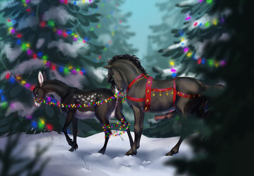 animal_genitalia animal_penis black_body black_fur black_mane blue_eyes blurred_background christmas_decorations duo equine_genitalia equine_penis erection female feral fur genitals green_eyes grey_body male mane markings medial_ring outside penis plant side_view snow spots spotted_body spotted_fur string_lights teats tree vulva white_body white_fur beavertyan huskii-s deer equid equine horse mammal 2020