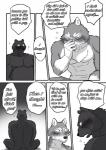 angry anthro bear big_bad_wolf blush canid canine canis comic crossed_legs dialogue duo english_text fairy_tales greyscale hi_res little_red_riding_hood_(copyright) love male male/male mammal maririn monochrome nude text wolf