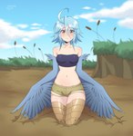 ahoge blue_hair blue_wings blush bottomwear breasts clothed clothing eyebrow_through_hair eyebrows eyelashes feathered_wings feathers female grass hair looking_at_viewer midriff monster_girl_(genre) mud navel outside plant quicksand scuted_legs scutes short_hair shorts sinking small_breasts solo stuck topwear translucent translucent_hair tube_top winged_arms wings yellow_eyes naomi-tyan european_mythology greek_mythology monster_musume mythology papi_(monster_musume) animal_humanoid avian avian_humanoid harpy humanoid mythological_avian mythological_creature absurd_res hi_res