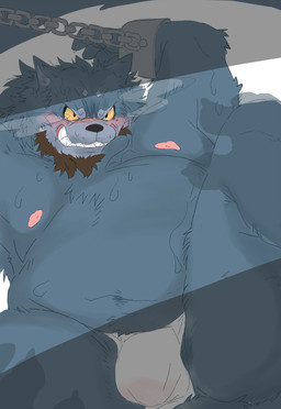anthro asian_clothing belly blush bodily_fluids bound bulge chain chained clothing east_asian_clothing fundoshi japanese_clothing kemono male navel nipples overweight overweight_male shadow solo sweat underwear mikanyeye asian_mythology east_asian_mythology japanese_mythology mythology sengoku_puzzle serizawa_kamo canid canine foo_dog komainu mammal yokai 2020 hi_res