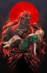 blonde_hair brown_body brown_skin carrying_another duo hair horn humanoid_pointy_ears light_body light_skin male not_furry red_hair unconscious foxvulpine nintendo tears_of_the_kingdom the_legend_of_zelda ganondorf link elf gerudo horned_humanoid humanoid hylian hi_res