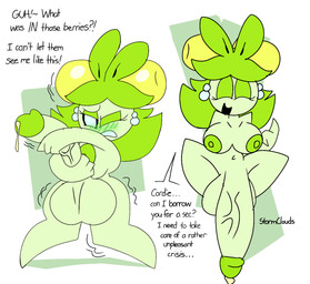 anthro balls big_breasts big_penis black_sclera blush blush_lines bodily_fluids breasts cum cum_drip dialogue dripping ear_piercing ear_ring eyes_closed eyeshadow genital_fluids genitals green_blush green_body green_eyeshadow green_hair green_nipples green_penis gynomorph hair huge_penis intersex makeup navel nipples nude nude_anthro nude_intersex one_eye_closed open_mouth penis piercing ring_piercing simple_background solo text white_background white_eyes unfortu-nate game_freak nintendo pokemon amanda_(unfortu-nate) dolliv generation_9_pokemon pokemon_(species) 2024 digital_media_(artwork) english_text