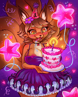 accessory anthro balloon big_breasts birthday blush bodily_fluids breasts cake candle clothed clothing curvy_figure dessert female flower flower_in_hair food fur hair hair_accessory hat headgear headwear inflatable mature_female nipples open_mouth party_hat penis_symbol plant saliva saliva_string simple_background smile solo standing tail tongue boxwife in_heat_(game) maddie_(in_heat) canid canine fox mammal 4:5 absurd_res digital_media_(artwork) hi_res