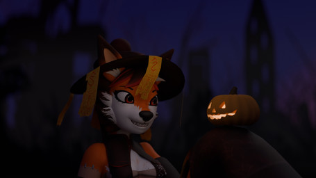 female solo zhenash helloween canid canine fox mammal 16:9 3d_(artwork) blender_(artwork) digital_media_(artwork) hi_res widescreen