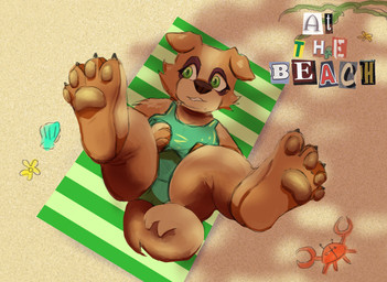 beach beach_blanket beach_towel beachwear clothing feet floppy_ears folded_ears green_eyes paws swimwear tail toes towel lupus_1248 canid canine canis domestic_dog mammal hi_res