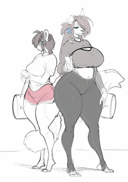 anthro bag big_breasts blue_eyes bottomwear breasts clothed clothing curvy_figure duo eyewear feet female glasses hair hotpants huge_breasts leggings legwear long_hair midriff ponytail shorts standing stirrup_legwear tail thick_thighs toes topwear voluptuous wide_hips inu-sama kela_(inu-sama) ruth_failla_thomas_(inu-sama) ailurid canid canine canis domestic_dog mammal red_panda absurd_res digital_drawing_(artwork) digital_media_(artwork) hi_res unfinished