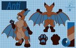 anthro bat_wings blue_eyes color_swatch digitigrade fangs membrane_(anatomy) membranous_wings multiple_angles pawpads raised_hand rear_view smile solo spread_wings standing tail teeth wings fizzybitzstudios anti_(antimatter371) bat mammal character_name full-length_portrait hi_res model_sheet portrait