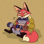 anthro blush clothing coat cuddling duo gaming hoodie male male/male simple_background topwear yellow_eyes shapeshiftinterest cartoon_network mao_mao:_heroes_of_pure_heart reggie_(mao_mao) rufus_(mao_mao) canid canine fox mammal procyonid raccoon 1:1 hi_res