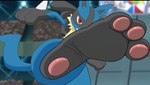 3_fingers 3_toes ambiguous_gender anthro big_feet clenched_teeth feet fingers foot_focus kick looking_at_viewer pawpads paws pink_pawpads plantigrade red_eyes soles solo_focus stadium teeth toes conditional_dnp zp92 nintendo pokemon generation_4_pokemon lucario pokemon_(species) hi_res