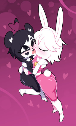 5_fingers abstract_background ahoge anthro anthro_on_anthro badge belt big_butt black_bodysuit black_clothing black_eyes black_hair black_nose black_skinsuit blush blush_lines bodysuit boots breast_squish breasts butt clothed clothed_anthro clothed_female clothing duo eyes_closed female female/female fingers footwear french_kissing fully_clothed fully_clothed_anthro fully_clothed_female hair hand_on_shoulder heart_(marking) heart_symbol hug kissing knee_boots knee_highs legwear lifting_partner long_ears looking_pleasured markings pink_background pink_bodysuit pink_clothing pink_nose pink_skinsuit round_tail scut_tail shoes short_ears short_hair short_tail shoulder_pads simple_background skinsuit small_breasts squish tail tight_clothing white_belt white_boots white_clothing white_footwear white_hair white_inner_ear white_tail miscon kenny_(kenashcorp) pinku_(miscon) bear giant_panda mammal absurd_res hi_res