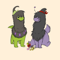 black_body black_fur blush bow_ribbon duo female feral flower fur green_body green_scales heart_symbol kerchief male obscured_eyes plant purple_body purple_fur purple_scales quadruped romantic scales simple_background sitting smile moofers-mufa mythology nintendo pokemon deino dragon generation_5_pokemon mythological_creature mythological_scalie pokemon_(species) scalie shiny_pokemon 1:1