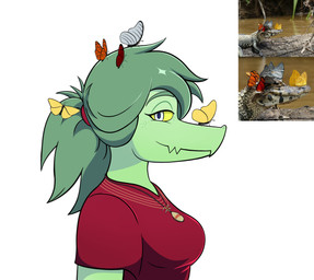 anthro big_breasts biped breasts clothed clothed_anthro clothed_female clothing female feral freckled_face freckles green_body green_hair green_scales grey_eyes hair jewelry long_hair looking_at_viewer necklace non-mammal_breasts outside ponytail quadruped real red_clothing red_shirt red_topwear scales shadow shirt side_view simple_background smile solo topwear water white_background yellow_sclera big_daddy_(artist) cavemanon_studios i_wani_hug_that_gator olivia_halford alligator alligatorid arthropod baryonyx butterfly crocodilian dinosaur insect lepidopteran prehistoric_species reptile scalie spinosaurid theropod 2024 absurd_res bust_portrait hi_res portrait reference_image shaded