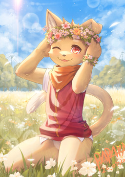 anthro black_nose blue_sky bottomless bottomless_anthro bottomless_male casual_exposure clothed clothed_anthro clothed_male clothing cloud day dipstick_tail featureless_crotch field fingers floppy_ears flower front_view fur glistening glistening_eyes grass happy head_tuft iris kemono kerchief kneeling long_tail looking_at_viewer male male_anthro markings neckerchief neckwear on_grass on_ground one_ear_up one_eye_closed open_mouth open_smile orange_kerchief orange_neckerchief outside pink_flower plant pupils red_clothing red_eyes red_flower red_pupils red_topwear sitting sitting_on_grass sitting_on_ground sky smile smiling_at_viewer solo tail tail_markings tan_body tan_fur tan_tail topwear tree tuft wariza white_flower white_markings white_sclera white_tail_tip yellow_flower young young_anthro young_male papayafurry aj_(ajisthebest) canid mammal 2024 dated digital_media_(artwork) full-length_portrait hi_res portrait signature