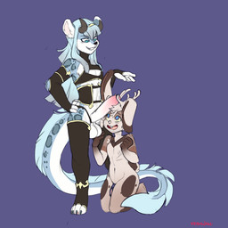 anthro antlers balls big_penis blush chastity_cage chastity_device clothed clothing countershading crossdressing duo erection femboy genitals hand_on_hip horn humanoid_genitalia humanoid_penis kneeling looking_at_genitalia looking_at_penis male male/male open_mouth penis penis_on_head smile standing tail keishinkae mythology aster_faye resine dragon felid feline hybrid lagomorph leporid mammal mythological_creature mythological_scalie rabbit scalie 1:1 digital_media_(artwork) hi_res