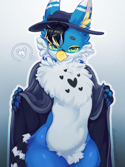 anthro beak black_hair blue_body blue_feathers blue_fur cheek_tuft claws cloak clothing coat facial_tuft feathers femboy fluffy fur glistening gradient_background green_eyes hair hat headgear headwear inviting looking_at_viewer male male_anthro markings multicolored_body narrowed_eyes navel neck_tuft presenting robe simple_background smile smirk smug solo standing tail thick_thighs topwear tuft white_body white_fur wide_hips yellow_beak strawberrynightmilk mythology liroy_avian_(wilbur_the_gryphon) avian bird mammal mythological_avian mythological_creature 3:4 absurd_res hi_res