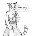 2010 ahnassi anthro bethesda_softworks blush breasts clothed clothing conditional_dnp dialogue ear_piercing english_text felid female greyscale khajiit looking_at_viewer mammal markings microsoft monochrome morrowind naturally_censored one_breast_out piercing ring_(marking) ringed_tail robe simple_background smile smirk solo striped_markings striped_tail stripes tail tail_markings talking_to_viewer text the_elder_scrolls tom_fischbach undressing white_background