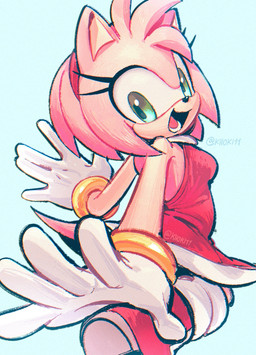 accessory boots bracelet breasts clothing dress female footwear fur gloves gold_(metal) gold_bracelet gold_jewelry green_eyes hair_accessory hairband handwear jewelry open_mouth pink_body pink_fur red_clothing red_dress shoes solo white_clothing white_gloves white_handwear kiikoi11 sega sonic_the_hedgehog_(series) amy_rose eulipotyphlan hedgehog mammal hi_res