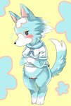 anthro blush bottomless censor_bar clothed clothing digitigrade female floral_background genitals ineffective_censorship looking_at_viewer pussy shirt simple_background smile solo topwear fushiana_ai animal_crossing nintendo skye_(animal_crossing) canid canine canis mammal wolf censored hi_res