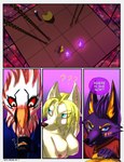 anthro black_body black_fur blonde_hair blue_eyes blush breasts dialogue drinking feathers female fur hair male nipples nude pawpads purple_body purple_fur question_mark thed4rk1ord egyptian_mythology middle_eastern_mythology mythology anubis osiris_(thed4rk1ord) vidja accipitriform avian bird canid canine canis deity jackal mammal vulture wolf absurd_res comic hi_res