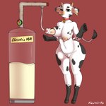 anthro areola bell big_breasts bodily_fluids breast_milking breasts collar collection_tank curvy_figure female green_eyes lactating machine milk milking_machine nipples raised_tail solo stain tail tail_tuft tan_areola tan_nipples text thick_thighs tuft wide_hips kevwrite clementa bovid bovine cattle mammal 1:1 absurd_res english_text hi_res