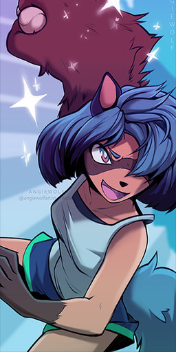 anthro ball baseball_(ball) blue_hair bottomwear breasts clothed clothing female hair shirt shorts smile solo tank_top topwear angiewolf brand_new_animal studio_trigger michiru_kagemori canid canine mammal raccoon_dog tanuki 2020 digital_media_(artwork)