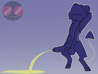 balls big_balls big_penis bodily_fluids fluffy fluffy_hair freckled_face freckles genital_fluids genitals goat_legs hair hands_behind_head horn male navel peeing penis puddle solo spade_tail standing tail urine vein watersports mackdrawsad humanoid imp hi_res sketch watermark