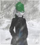 albino alien anthro bottomwear camera clothed clothing coat cold female fully_clothed gloves green_eyes green_hair hair handwear hi_res hint long_hair looking_at_viewer outside pants petresko photo plant pose ring scarf sepilian shirt smile smirk snow snowing solo standing suggestive topwear tree