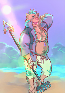 5_toes beach blue_hair bottomwear clothed clothing feet flip_flops foot_fetish footwear fur hair hand_wraps male open_clothing open_shirt open_topwear paws sandals seaside shirt shoes solo sun toes topwear wraps heylaw21 lifewonders tokyo_afterschool_summoners ganglie_(tas) mammal suid suine sus_(pig) wild_boar absurd_res hi_res