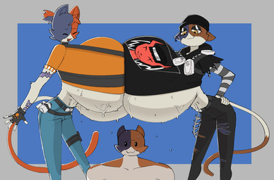 :3 anthro beanie big_breasts black_eyes bodily_fluids bottomwear breast_size_difference breast_squish breasts breasts_frottage brown_body brown_ears brown_fur cheek_tuft clothed clothing dipstick_tail eyelashes eyes_closed facial_tuft female fur grey_body grey_ears grey_fur grey_hair group hair hat headgear headwear huge_breasts hyper hyper_breasts long_tail male markings multicolored_body multicolored_fur muscular narrowed_eyes orange_body orange_ears orange_fur orange_hair orange_tail pants ponytail pupils shirt short_hair slim squish sweat sweatdrop sweaty_breasts tail tail_markings thin_thighs top_heavy topwear trio tuft under_boob white_body white_fur white_tail inkstainedbunny epic_games fortnite cate_meowdy meow_skulls meowscles domestic_cat felid feline felis mammal 2025 digital_media_(artwork) hi_res brother_(lore) sibling_(lore) sister_(lore)