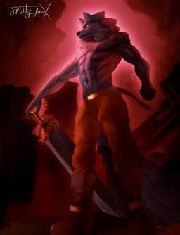 abs anthro clothed clothing male melee_weapon muscular muscular_male pecs solo sword topless weapon artisticares i_think_i_like_you mythology leon_ostiarius canid canid_demon canine canis demon hellhound mammal mythological_canine mythological_creature wolf hi_res