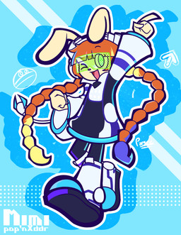anthro bangs blunt_bangs braided_hair brown_hair eyewear female gesture glasses green_eyes hair hand_gesture long_hair official_alternate_costume one_eye_closed open_mouth open_smile pigtails pointing retrofuturism safety_glasses smile solo standing sunglasses text tinted_glasses twin_braids walking altalii bemani dance_dance_revolution konami pop'n_music mimi_(pop'n_music) lagomorph leporid mammal rabbit absurd_res character_name full-length_portrait hi_res portrait