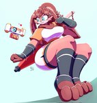 3_toes ambiguous_gender anthro big_breasts blue_eyes bottomwear breasts brown_body brown_ears brown_fur brown_hair clothed clothed_anthro clothed_female clothing duo eyelashes feet female female_anthro fluffy fluffy_chest footwear fur hair heart_symbol hindpaw hotpants long_ears machine paws rabbit_ears red_heart shirt shorts simple_background sitting smile thick_thighs toeless_footwear toes topwear umbrella arzy_parzy star_wars star_wars_visions lop_(star_wars_visions) td-4 lagomorph lepi leporid mammal robot 2023 colored hi_res