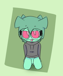 anthro blush bottomless clothed clothing drawstring drawstring_topwear eyebrows eyewear femboy flirting_look genitals glasses green_body green_hair green_skin hair hoodie kneeling looking_at_viewer male penis pink_eyes pose raised_eyebrows shiny_thighs simple_background small_penis solo tongue tongue_out topwear topwear_only funisexman biscute gastropod mollusk snail 2026 5:6 digital_media_(artwork) hi_res pinup