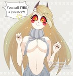 backwards_virgin_killer_sweater big_breasts blonde_hair breasts clothed clothing cross-popping_vein dialogue female genitals hair horn looking_at_viewer navel partially_clothed red_sclera simple_background smile solo speech_bubble sweater text thick_thighs topwear virgin_killer_sweater white_body yellow_eyes rzrcrshtr hazbin_hotel meme_clothing charlie_morningstar demon demon_humanoid humanoid monster absurd_res english_text hi_res meme