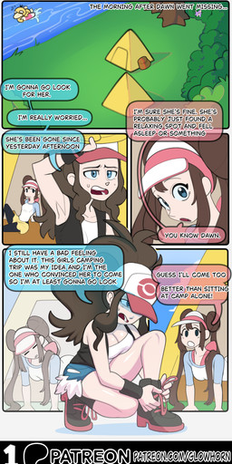 all_fours bag big_breasts black_clothing black_shirt black_topwear blue_eyes bodily_fluids bottomwear bow_ribbon breasts brown_hair camping clothing crouching dialogue duo female footwear forest grass hair hair_bun hat headgear headwear legwear long_sleeves looking_at_viewer nervous nervous_sweat pigtails plant ponytail pool_float river shirt shoes shorts shrub skirt sleeveless_shirt sweat talking_to_another text tights topwear tree visor_cap white_clothing white_shirt white_topwear worried worried_look glowhorn game_freak nintendo pokemon hilda_(pokemon) rosa_(pokemon) generation_1_pokemon human mammal pokemon_(species) psyduck rattata absurd_res comic english_text hi_res