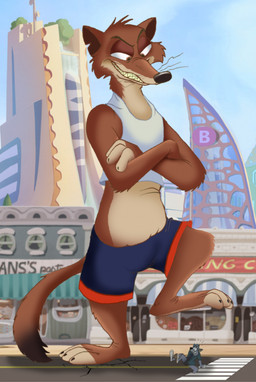 3_toes 4_fingers anthro arm_tuft barefoot belly black_bottomwear black_clothing black_eyebrows black_finger_claws black_shorts black_toe_claws bottomless bottomless_anthro bottomless_male bottomwear brown_body brown_eyes brown_fur cheek_tuft city city_background clenched_teeth clothed clothing cracked_ground cracks crooked_whiskers crop_top crossed_arms curling_toes dipstick_tail duo elbow_tuft exposed_belly eyebrows eyelashes facial_tuft fangs feet fingers foot_fetish fur green_clothing green_shirt green_topwear grey_body grey_fur half-closed_eyes head_tuft humanoid_heel jumping knee_tuft leg_tuft lines_drawn looking_down looking_down_at_another looking_up_at_another macro macro_focus male male_anthro markings micro midair midriff mischievous mischievous_smile multicolored_body multicolored_fur narrowed_eyes notched_ear on_one_leg open_mouth open_smile paws plantigrade raised_foot road scared shadow sharp_teeth shirt shocked shorts skin_folds smile smiling_at_another smirking_at_another standing tail tail_markings tan_belly tan_body tan_fingers tan_fur tan_toes teeth toes toothy_grin topwear tuft two_tone_body two_tone_feet two_tone_fur underfoot whiskers white_clothing white_crop_top white_sclera white_topwear wide_eyed jackthemacrofox disney zootopia duke_weaselton teaselbone_(character) canid canine canis mammal mustelid musteline true_musteline weasel wolf 2022 colored digital_drawing_(artwork) digital_media_(artwork) hi_res shaded