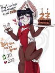 anthro asian_clothing birthday cake chinese_clothing clothing dessert east_asian_clothing female food smile solo strip_game derpyrider derpy_(derpyrider) lagomorph leporid mammal rabbit absurd_res hi_res tagme