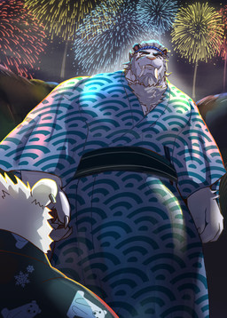 anthro asian_clothing black_sash blind_eye blue_clothing blue_eyes blue_yukata chest_tuft claws clothing duo ear_piercing ear_ring east_asian_clothing eye_contact eye_scar facial_scar fangs festival finger_claws fireworks fur grey_body grey_fur japanese_clothing looking_at_another looking_down low-angle_view male night obi outside pawpads piercing ring_piercing sabertooth_(anatomy) scar teeth text tuft white_body white_fur yukata sakko_haruu anothereidos_of_dragon_vein_r ivar_(anothereidos_r) sigvaldi_(anothereidos_r) bear felid mammal polar_bear prehistoric_species saber-toothed_tiger ursine 2025 english_text hi_res