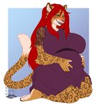 anthro belly big_belly big_breasts blush breasts clothed clothing female green_eyes hair kneeling long_hair pregnant pregnant_anthro pregnant_female red_hair solo tail hyucaze mahiri felid leopard mammal pantherine hi_res