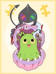 :3 antennae_(anatomy) blush border claws cute_fangs duo fangs female feral green_body grin male shell smile spade_tail tail teeth yellow_border yellow_eyes kuso_800t bandai_namco digimon digimon_survive dracmon_(survive) syakomon_(survive) bivalve clam demon digimon_(species) dracmon humanoid marine mollusk syakomon 3:4