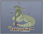 anthro big_tail blue_background digitigrade green_body horn jewelry kneeling long_tail male markings necklace nude_anthro nude_male paws plushie simple_background sitting solo striped_markings striped_tail stripes tail tail_markings text blushing_yokai asian_mythology east_asian_mythology japanese_mythology mythology tobias_weatherby animate_inanimate living_plushie yokai english_text