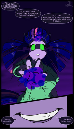 anthro anthrofied clothing corruption dark_magic dialogue eye_mist female fur glowing green_eyes hair magic multicolored_hair purple_body purple_fur purple_hair smile solo text two_tone_hair ethanqix friendship_is_magic hasbro my_little_pony twilight_sparkle_(mlp) equid equine horse mammal pony 2013 english_text